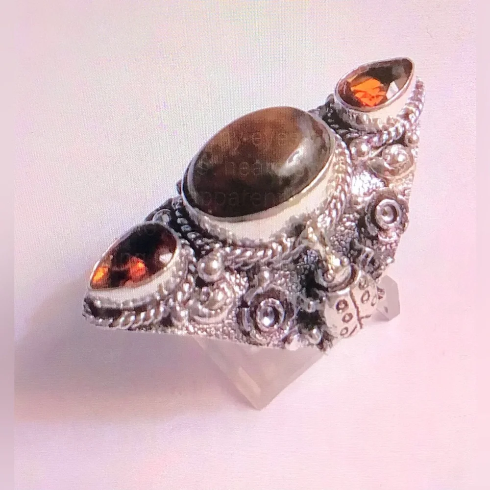 Tiger Eye Citrine Stampd 925 Sterling Silver Ring